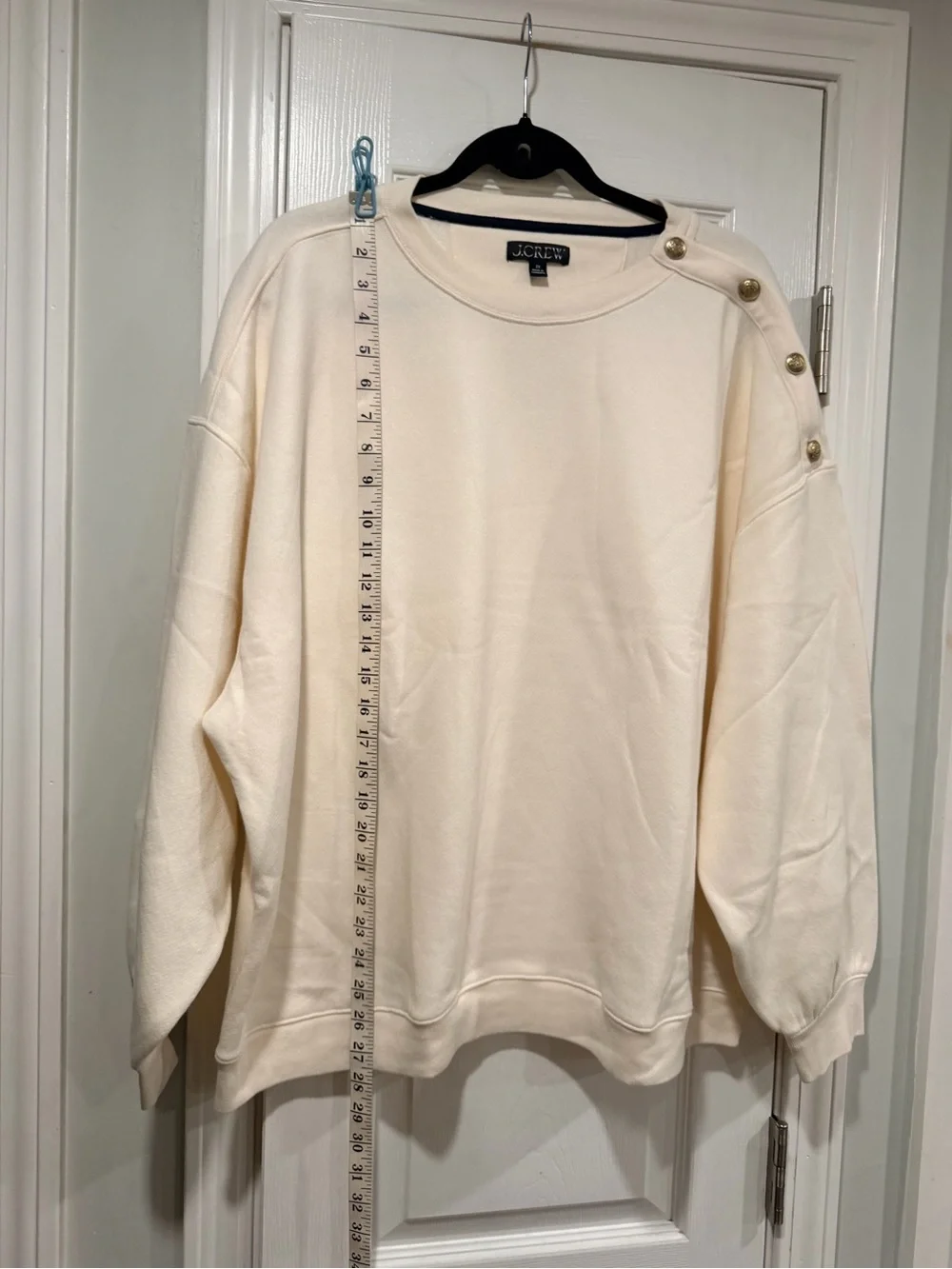 NWOT J.Crew Size M Cream Gold Button Shoulder Sweatshirt Crewneck Pullover Top